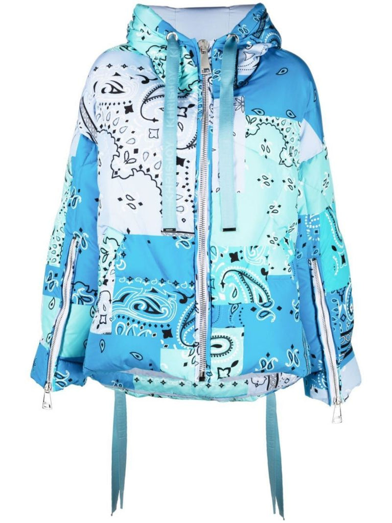 Blue Hooded Quilted Bandana Print Jacket