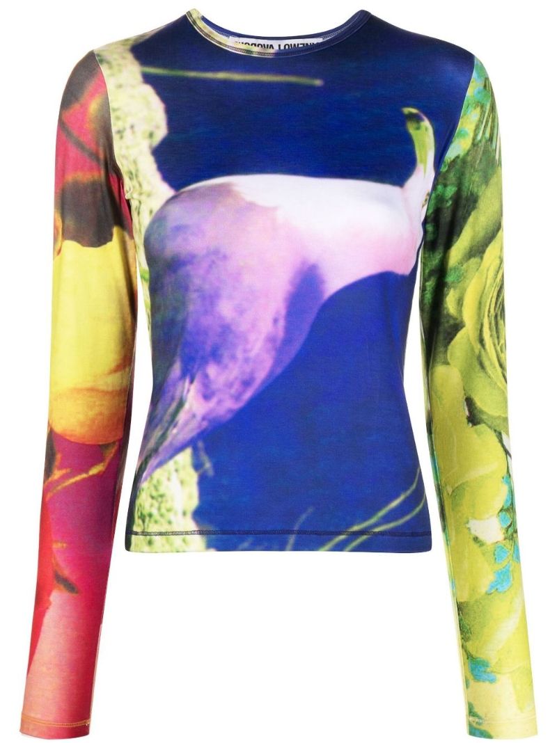 Blue Sideways Seagull Print Long Sleeve T-shirt