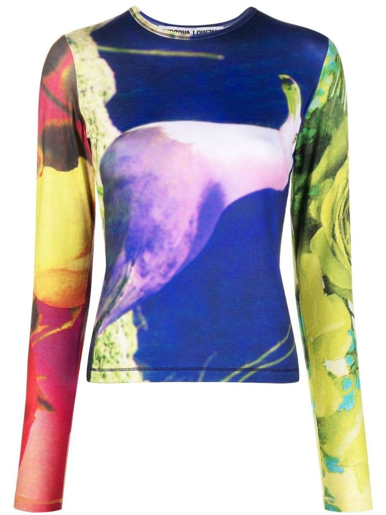 Blue Sideways Seagull Print Long Sleeve T-shirt