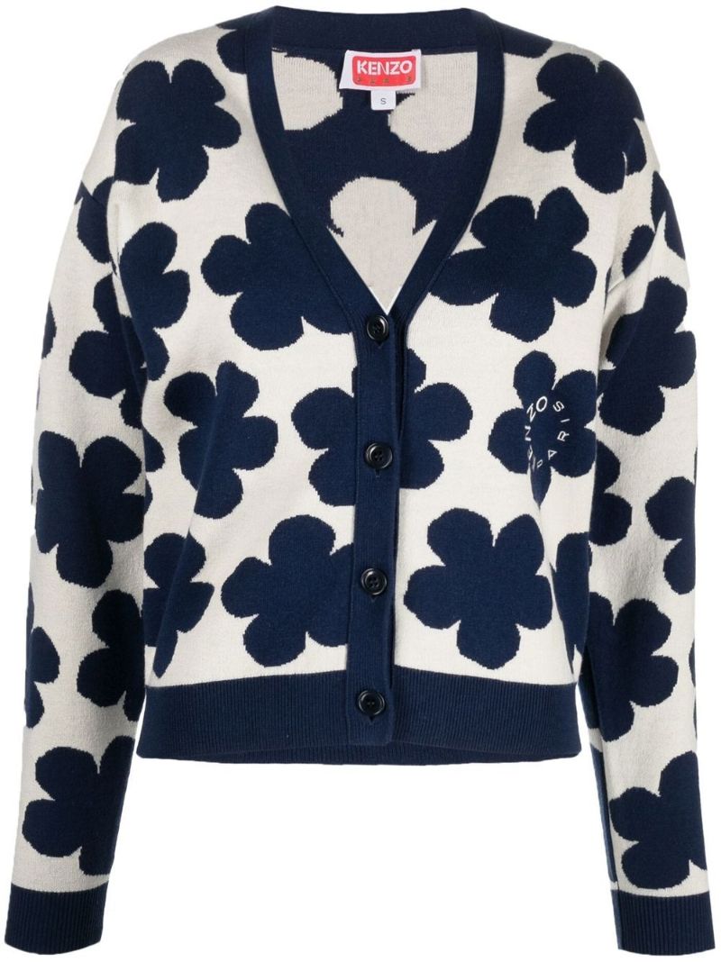 White Hana Dots Floral Jacquard Cardigan
