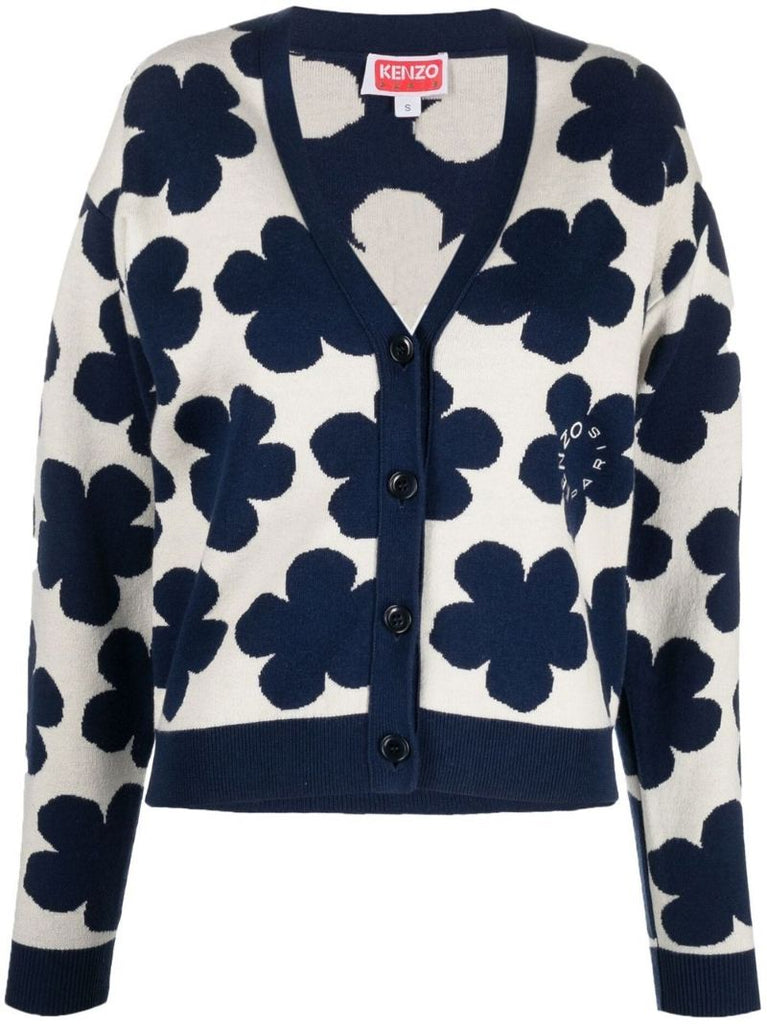 White Hana Dots Floral Jacquard Cardigan