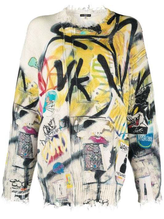 Yellow Graffiti Distressed Sweater