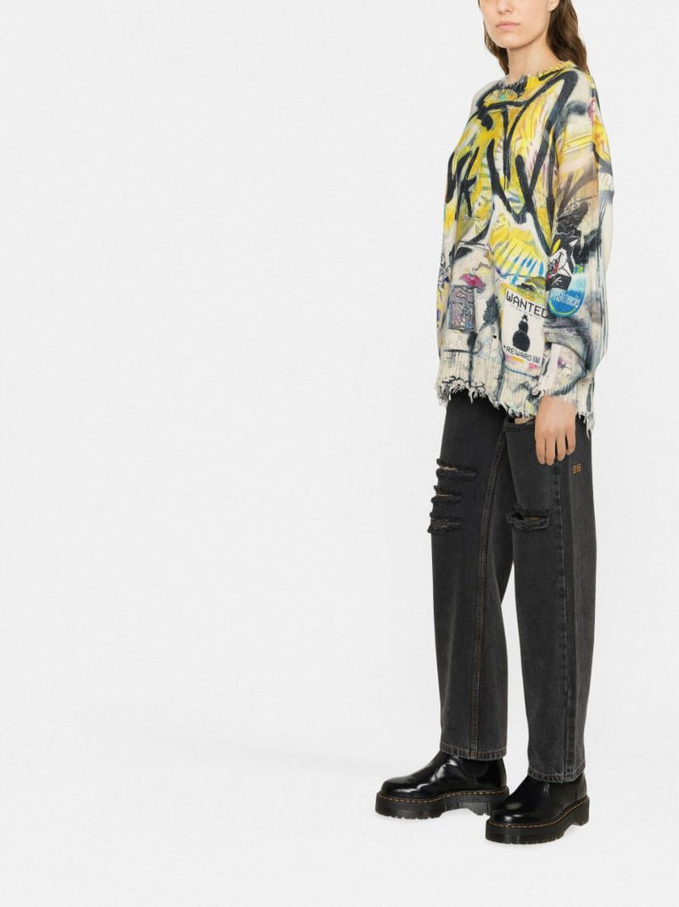 Yellow Graffiti Distressed Sweater