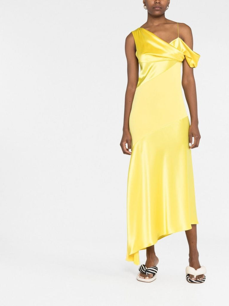 Yellow Asymmetric Draped Midi Dress