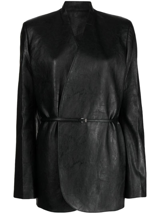 Black Faux Leather Belted Blazer