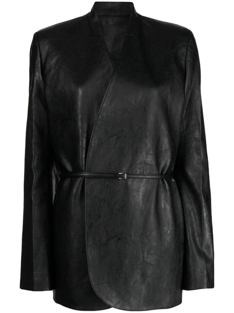 Black Faux Leather Belted Blazer