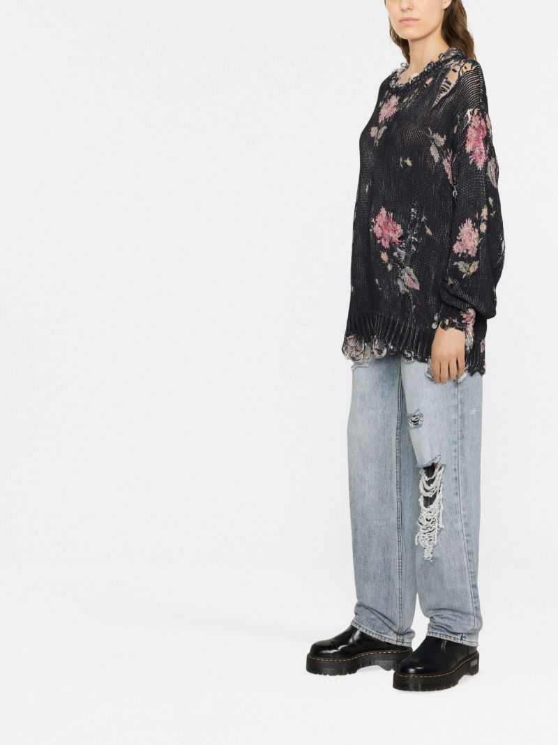 Black Floral Print Distressed Sweater