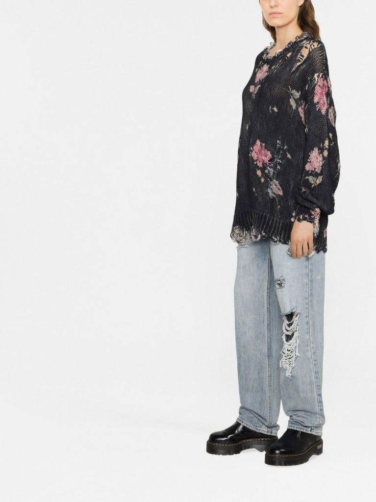 Black Floral Print Distressed Sweater