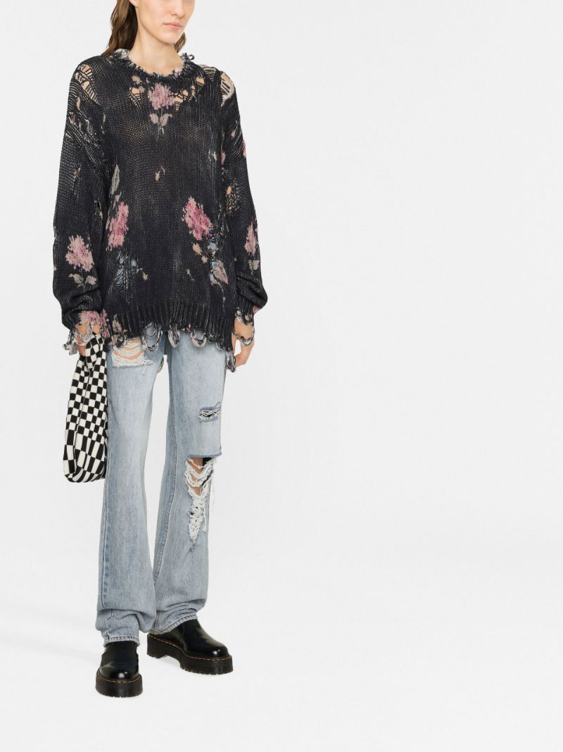 Black Floral Print Distressed Sweater