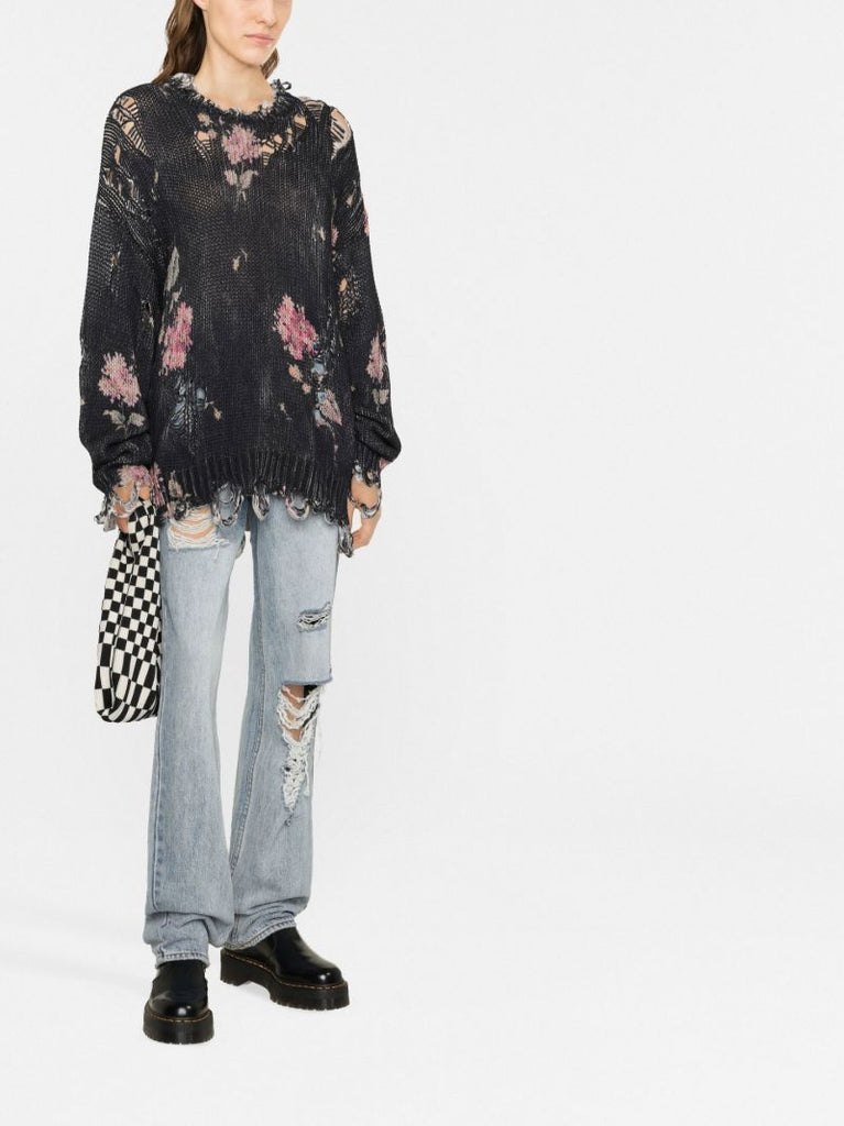 Black Floral Print Distressed Sweater