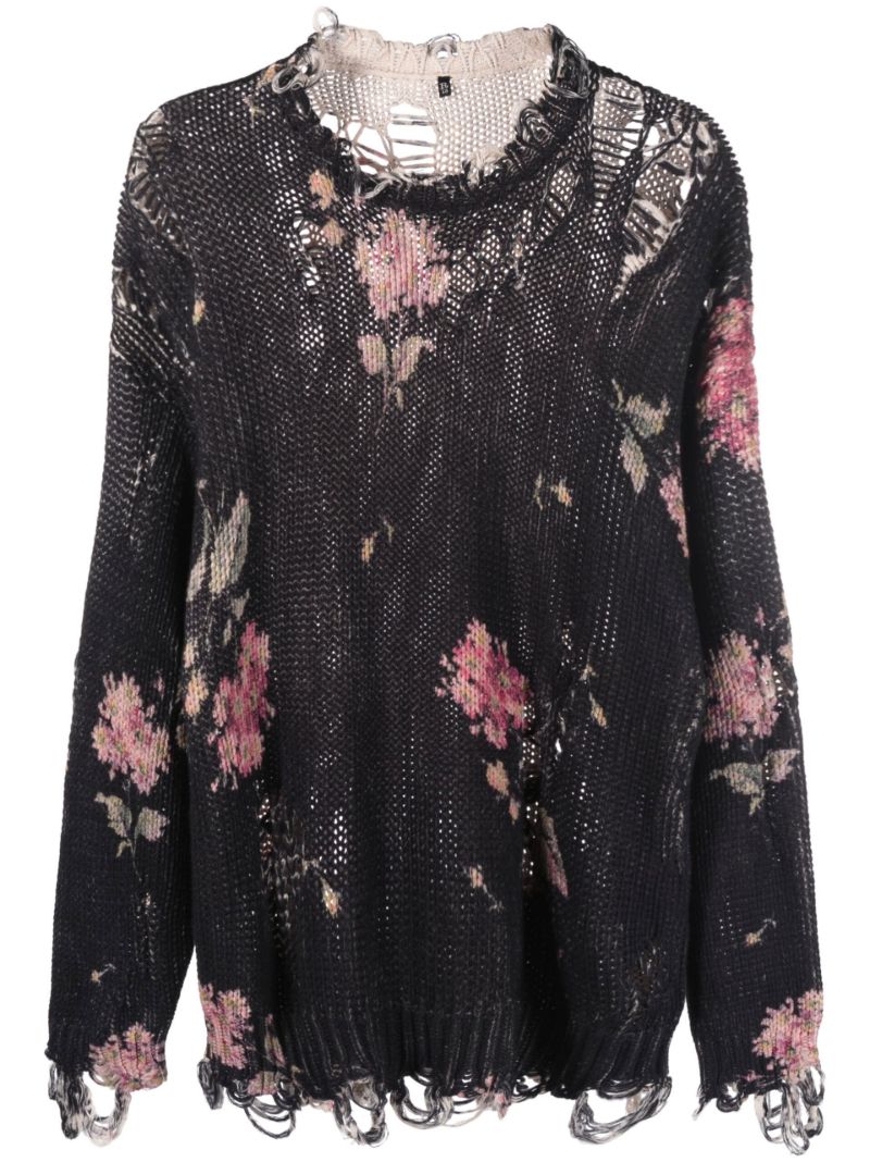 Black Floral Print Distressed Sweater