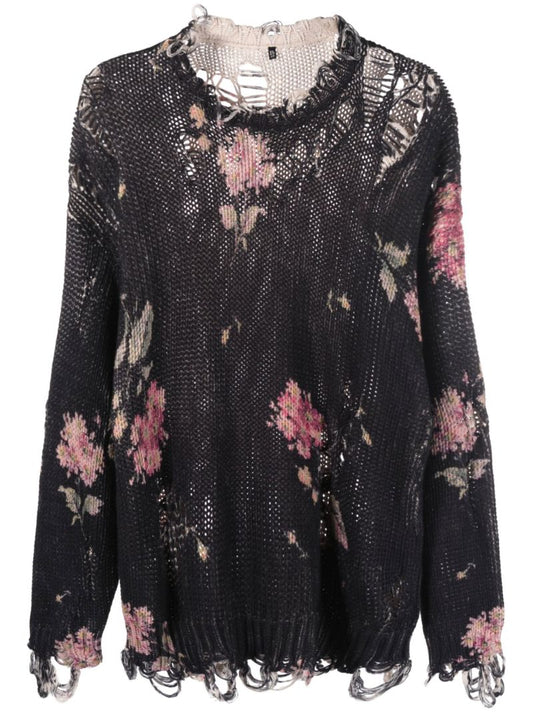 Black Floral Print Distressed Sweater