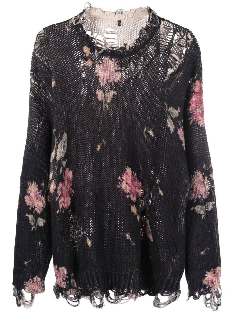 Black Floral Print Distressed Sweater