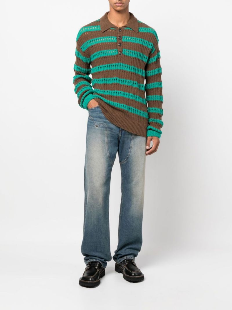 Green Striped Open-knit Polo Top