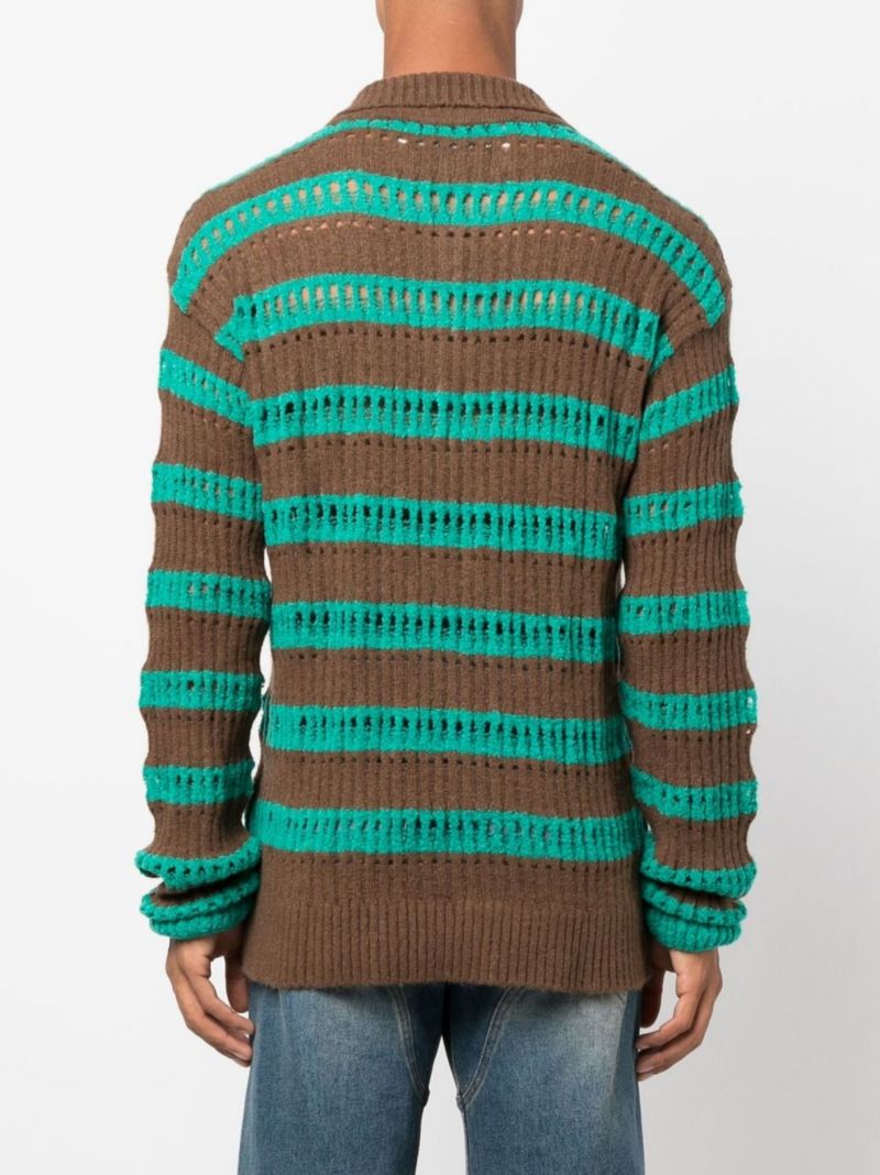 Green Striped Open-knit Polo Top