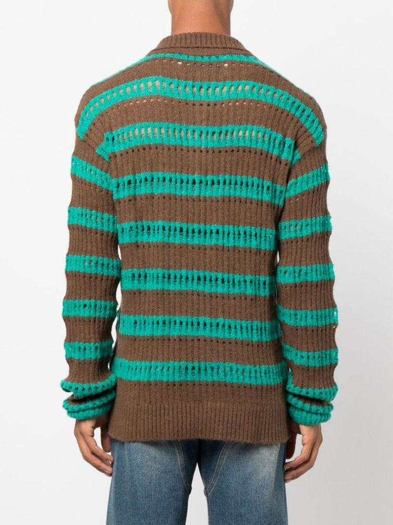 Green Striped Open-knit Polo Top