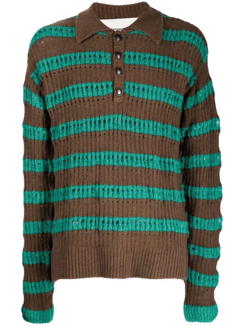 Green Striped Open-knit Polo Top