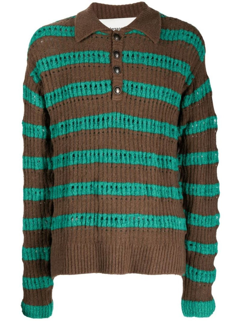 Green Striped Open-knit Polo Top