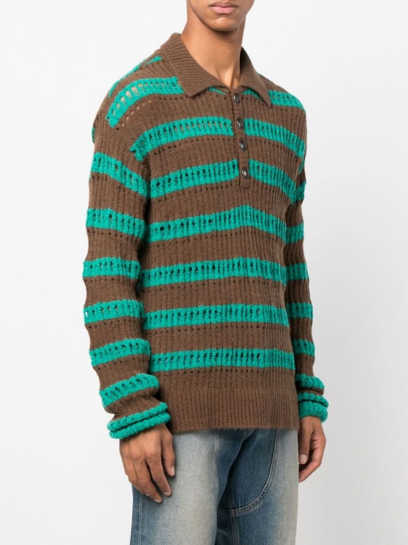 Green Striped Open-knit Polo Top