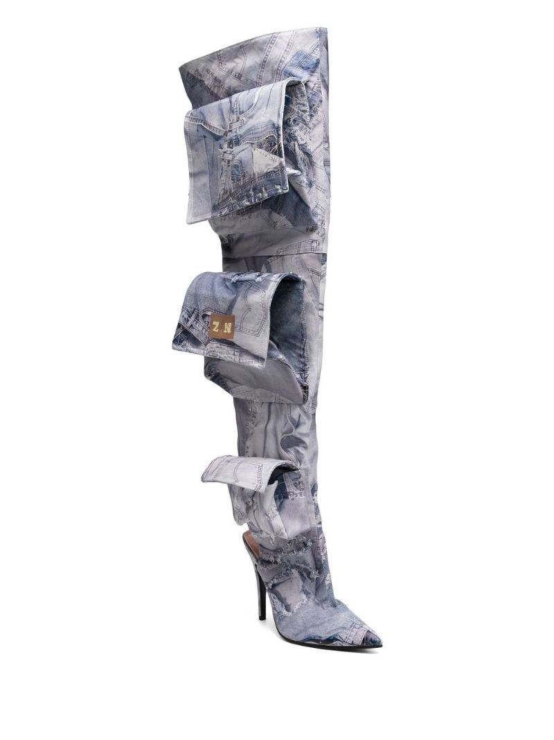 Grey Jeans Print Cargo Thigh-high Boots