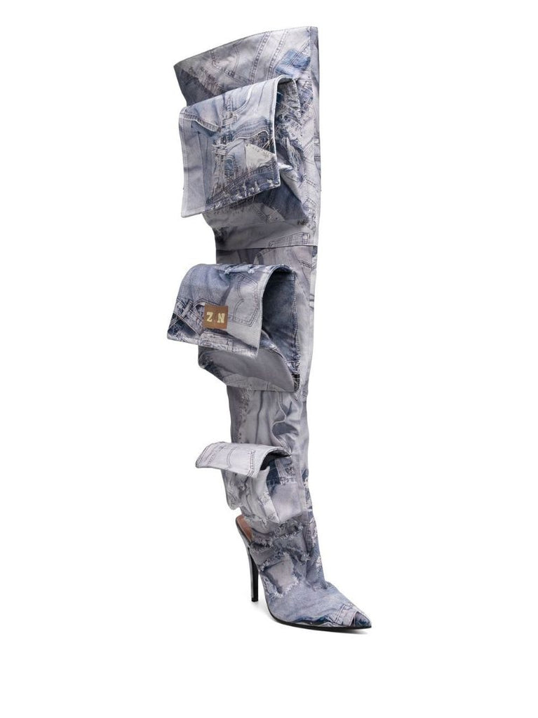 Grey Jeans Print Cargo Thigh-high Boots