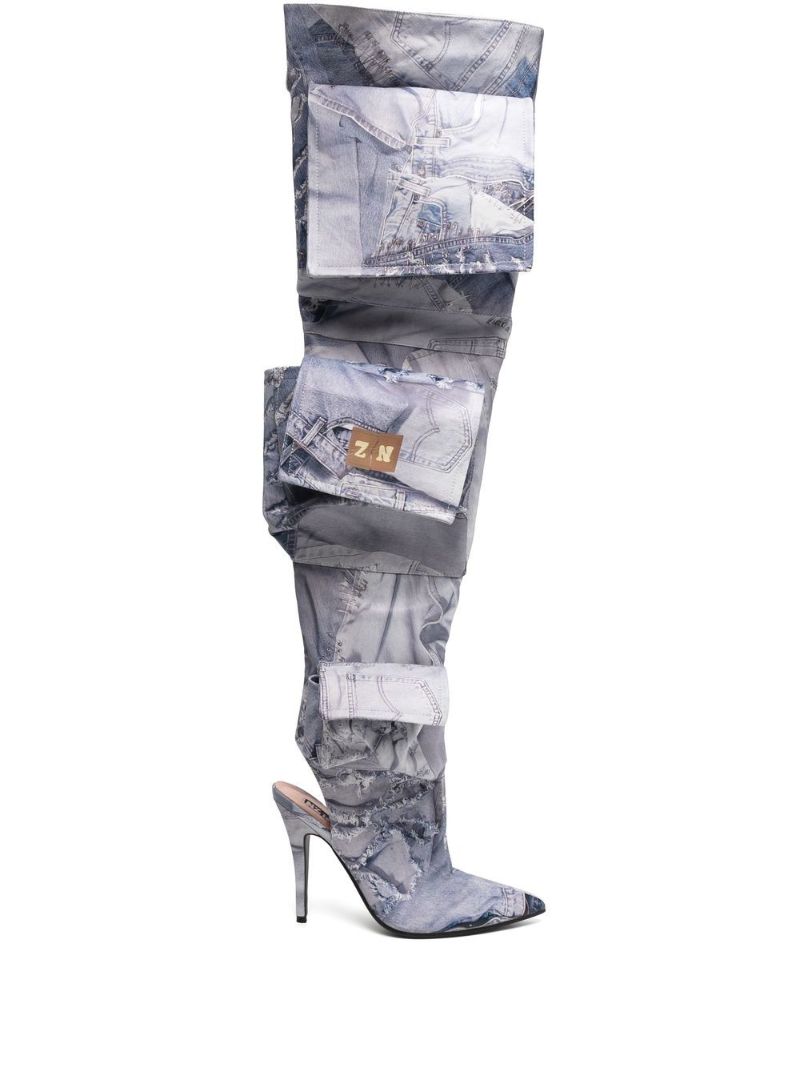 Grey Jeans Print Cargo Thigh-high Boots