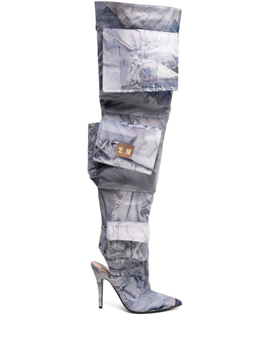 Grey Jeans Print Cargo Thigh-high Boots