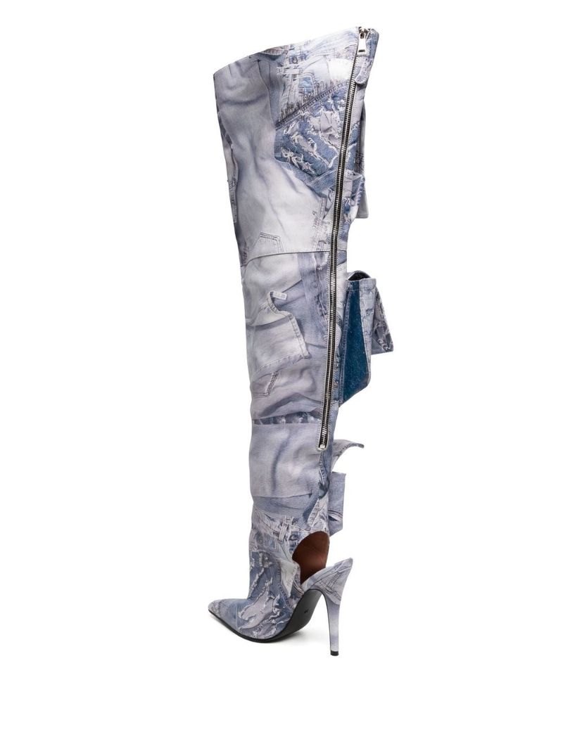 Grey Jeans Print Cargo Thigh-high Boots