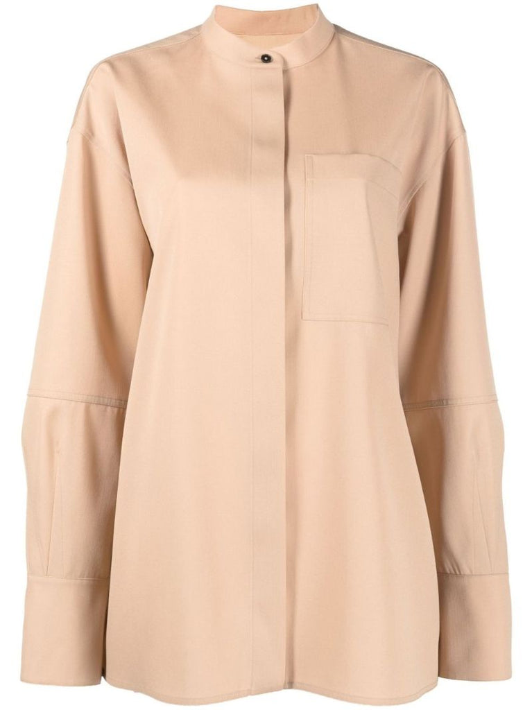 Neutral Collarless Wool Shirt