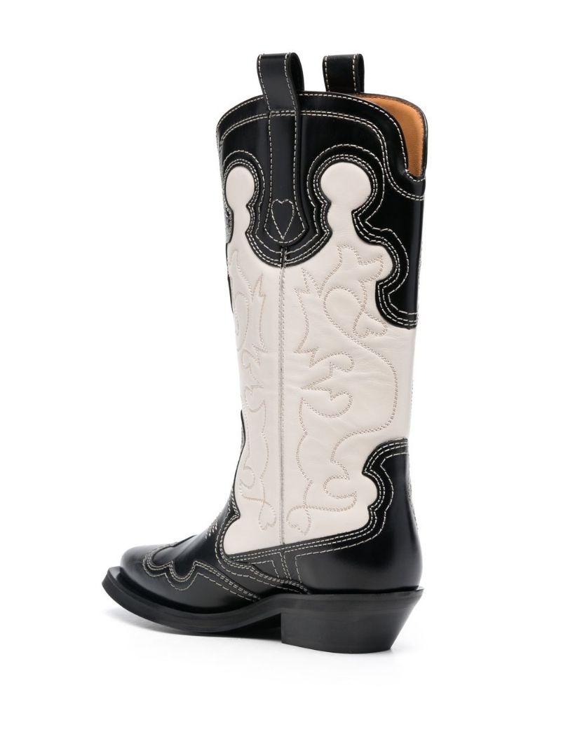 Black and White Embroidered Leather Western Boots