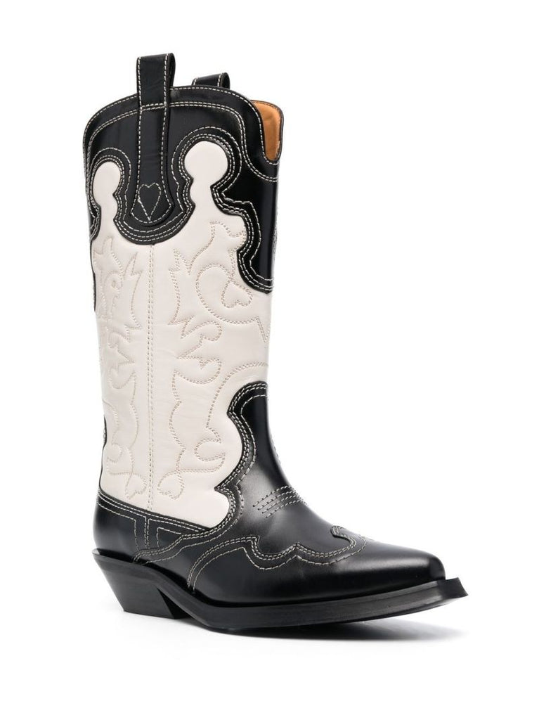 Black and White Embroidered Leather Western Boots