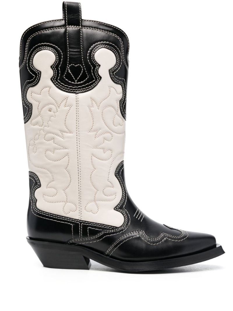 Black and White Embroidered Leather Western Boots