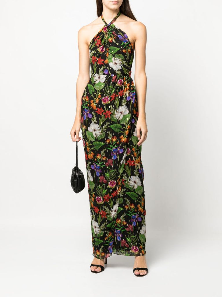 Black Alyona Halterneck Floral Print Dress