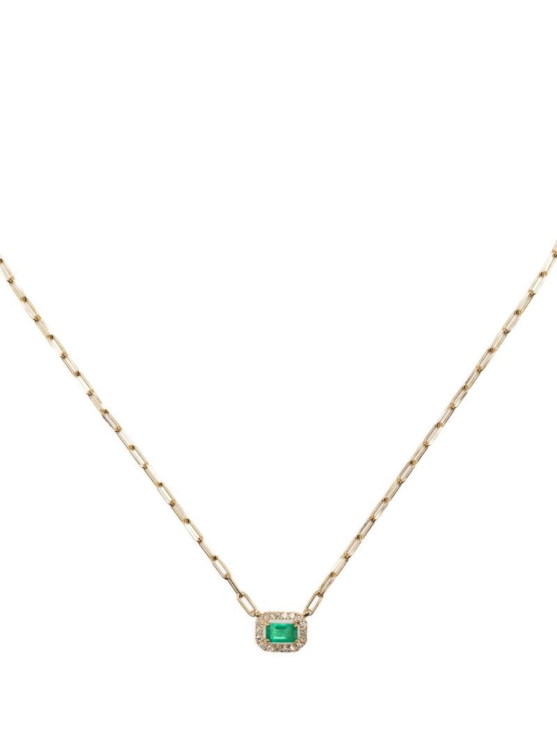 18k Yellow Gold Halo Mini Deco Diamond and Emerald Necklace