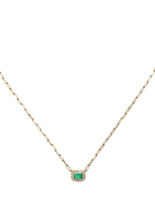 18k Yellow Gold Halo Mini Deco Diamond and Emerald Necklace