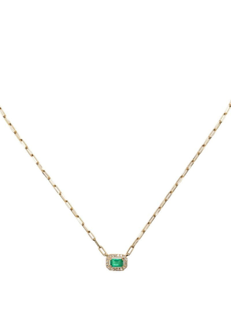 18k Yellow Gold Halo Mini Deco Diamond and Emerald Necklace