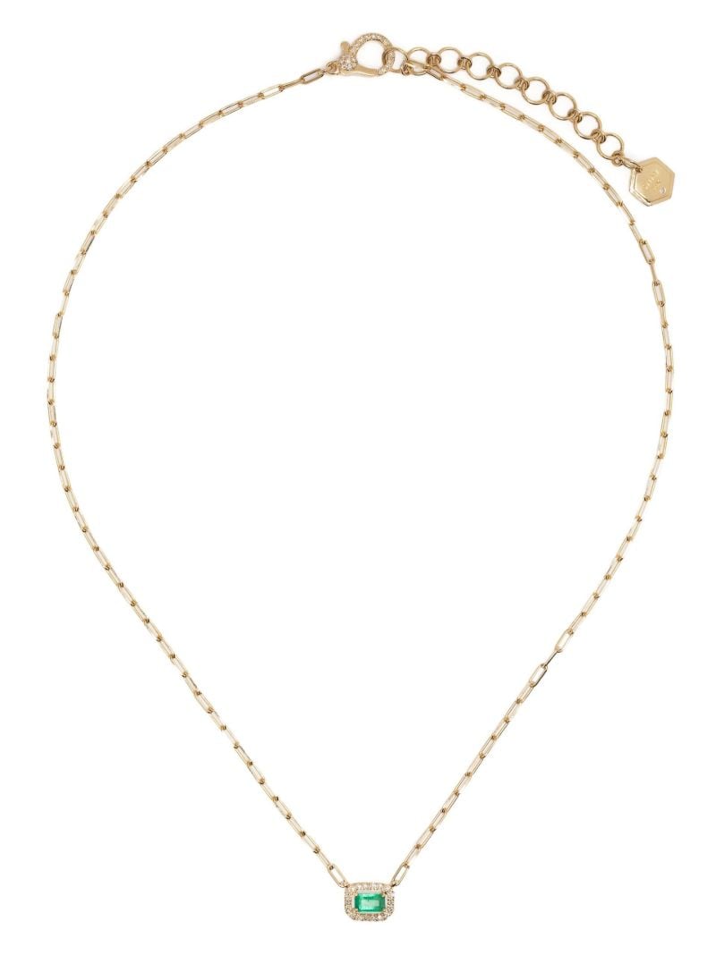 18k Yellow Gold Halo Mini Deco Diamond and Emerald Necklace