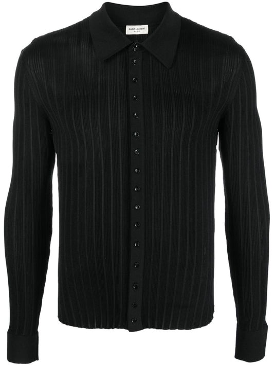 Black Rib Knit Silk Shirt