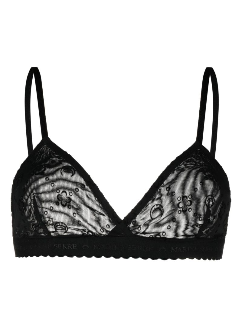 Black Flocked Monogram Mesh Bra