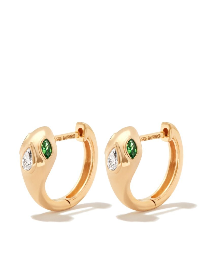 18k Yellow Gold Snake Diamond and Emerald Huggie Earrings