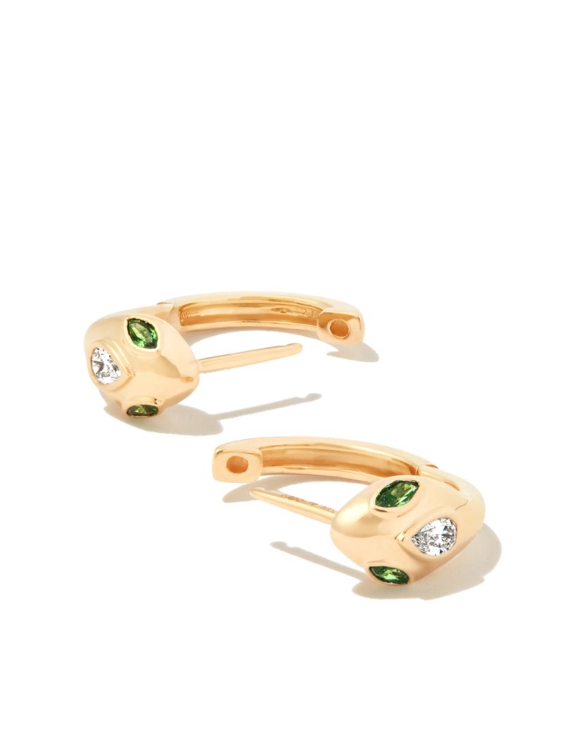 18k Yellow Gold Snake Diamond and Emerald Huggie Earrings