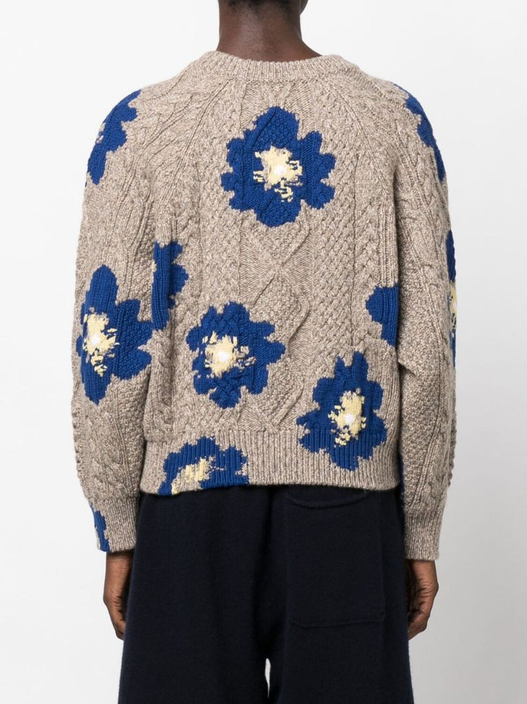 Neutral and Blue Floral Print Cashmere Sweater
