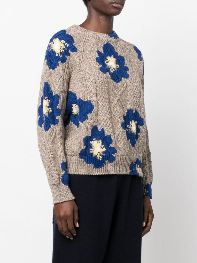 Neutral and Blue Floral Print Cashmere Sweater