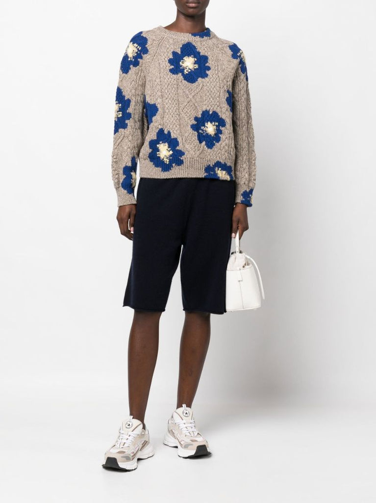 Neutral and Blue Floral Print Cashmere Sweater