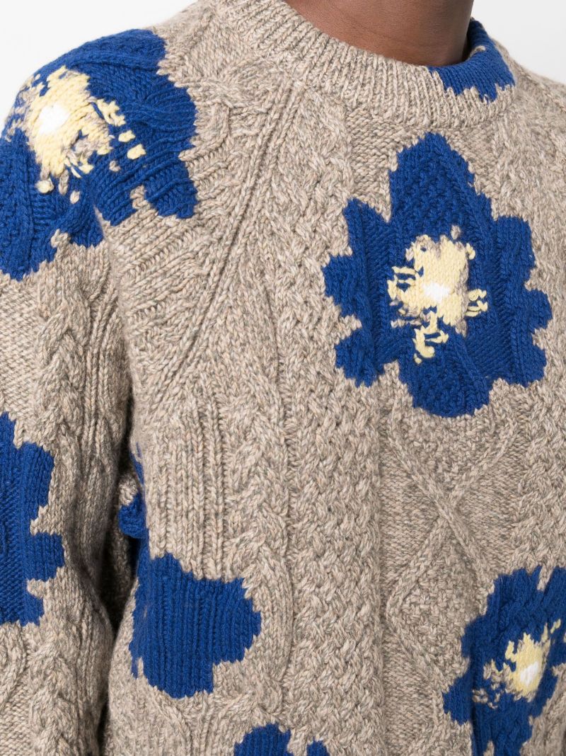 Neutral and Blue Floral Print Cashmere Sweater