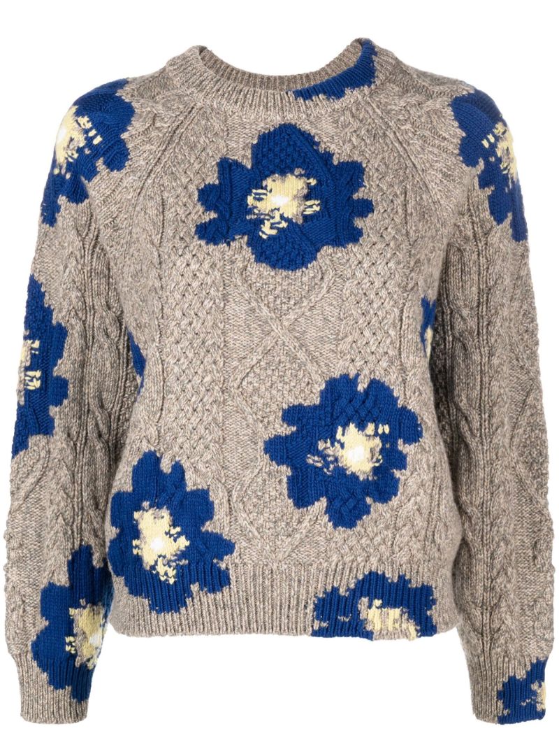 Neutral and Blue Floral Print Cashmere Sweater