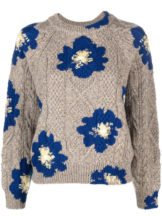 Neutral and Blue Floral Print Cashmere Sweater