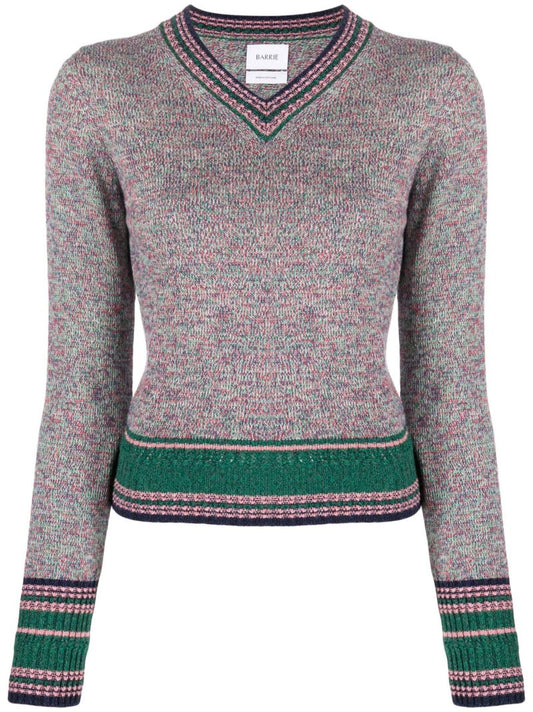Grey Contrast Stripe Cashmere Sweater