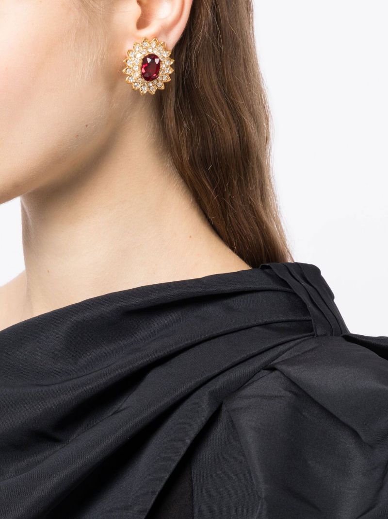 Gold-plated Ruby Crystal Flower Clip Earrings