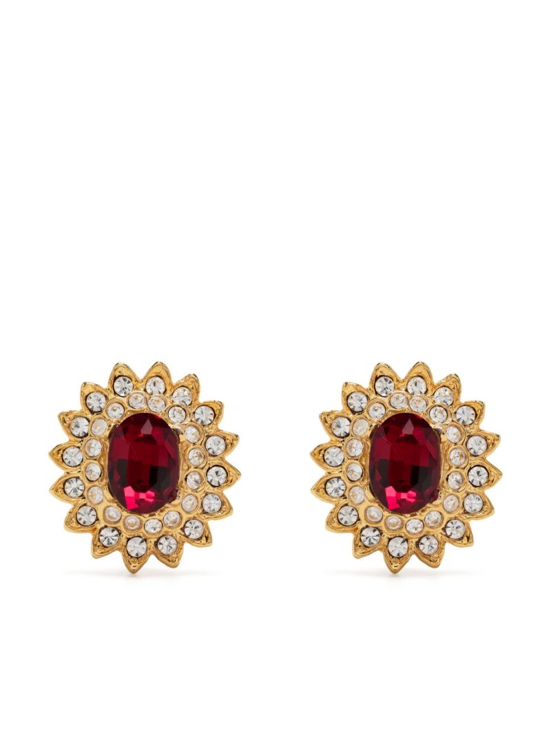 Gold-plated Ruby Crystal Flower Clip Earrings